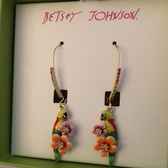 Betsey Johnson Gold Tone Rainbow Enamel Parrot & Flower Drop Earrings NIB - Picture 3 of 16
